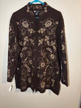 Vintage Carole Little 100% Wool Embroidered Floral Cardigan Jacket Brown Sz 2xl